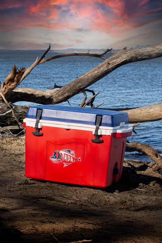 Taiga Red White and Blue on Lake beach using dry ice