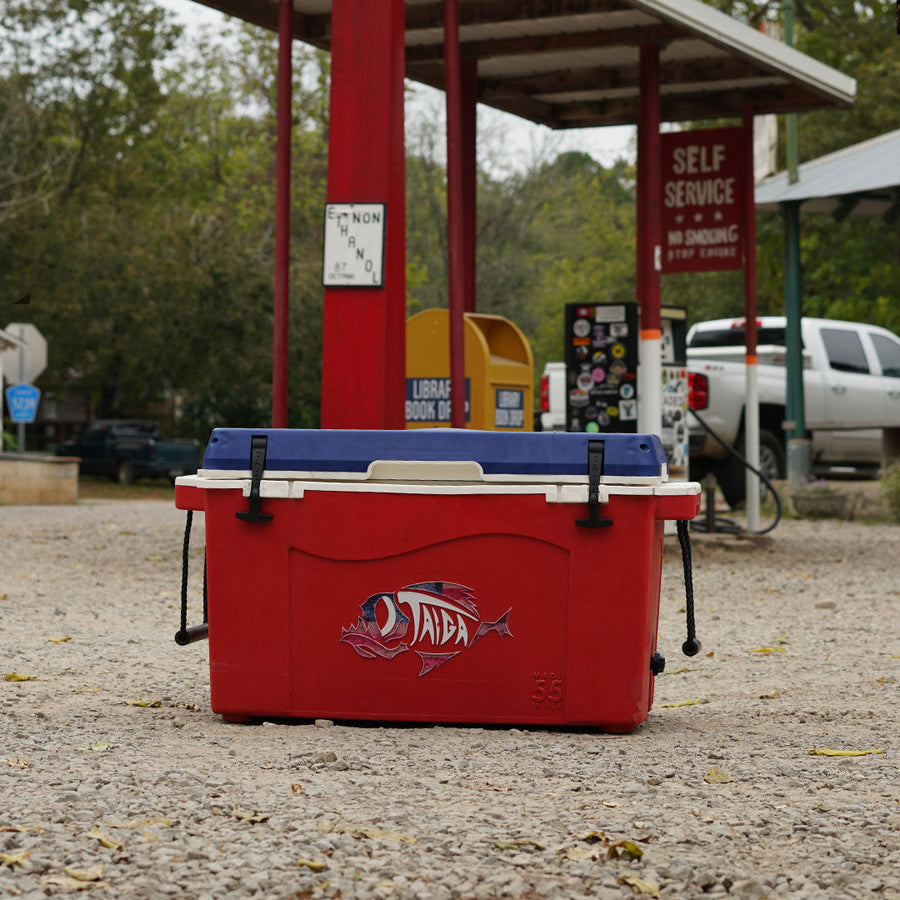 Taiga cooler with custom logo at a Texas roadside